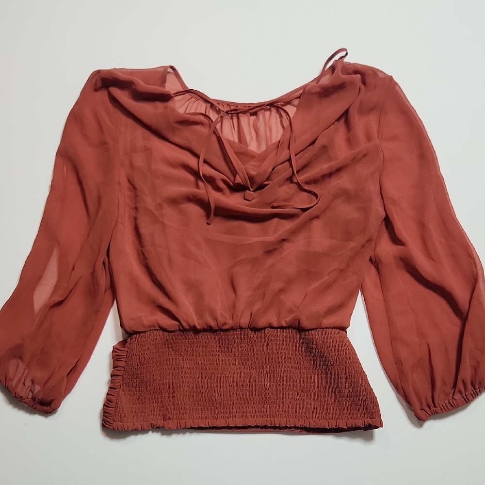White House Black Market Red Ochre Smocked Hem Sheer Elegant Rust Chiffon Blouse